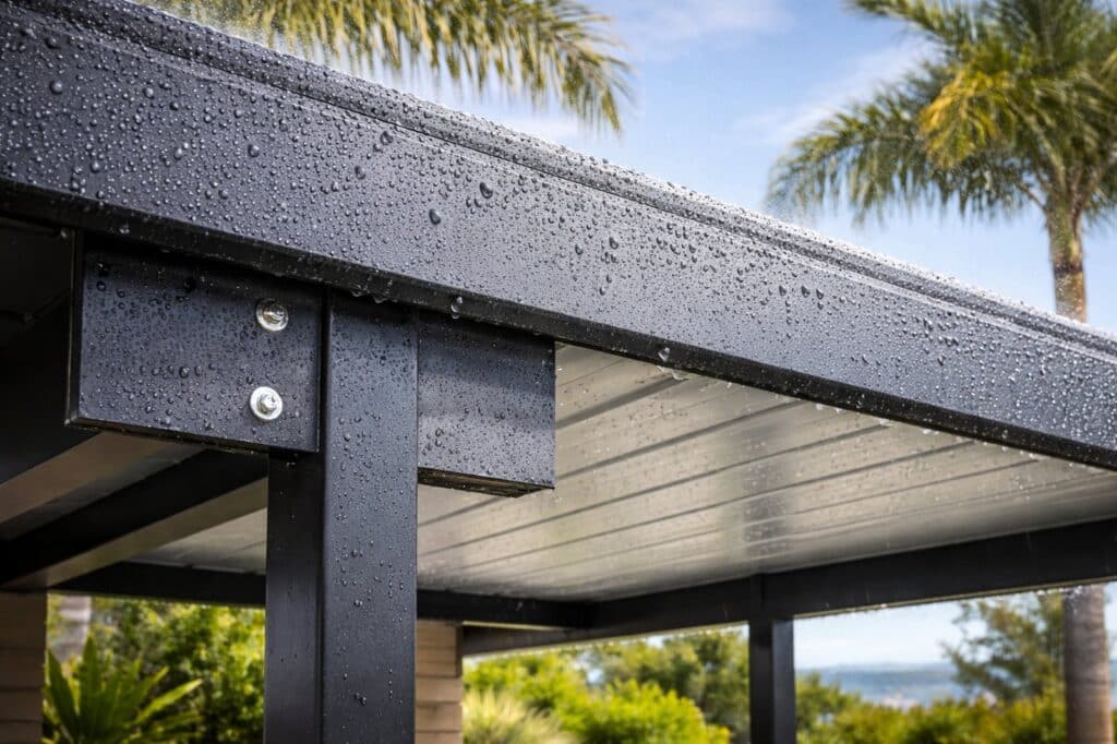 Close-up of corrosion-resistant steel and roofing designed for coastal weather conditions.
