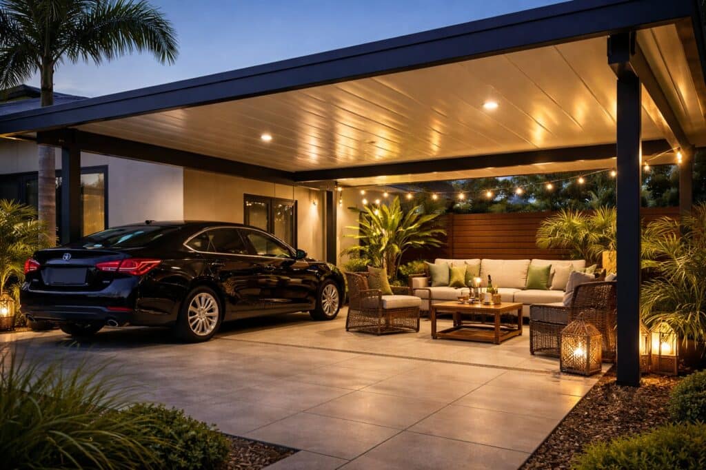 Carport designed as a multi-use space with vehicle parking and a cozy outdoor seating area.