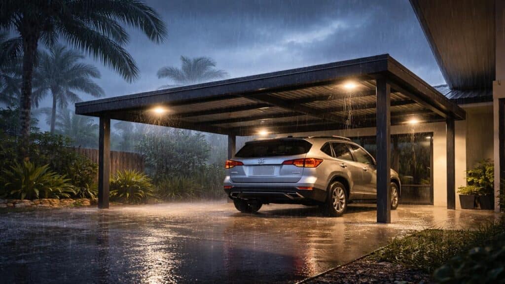 Carport Builders Coombabah 3 Car protected under a durable carport during heavy rain and storm conditions.