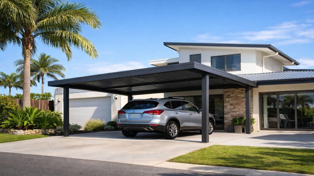 Carport Builders Coombabah 1 Modern coastal home in Coombabah featuring a stylish custom-built carport protecting a vehicle from the sun.