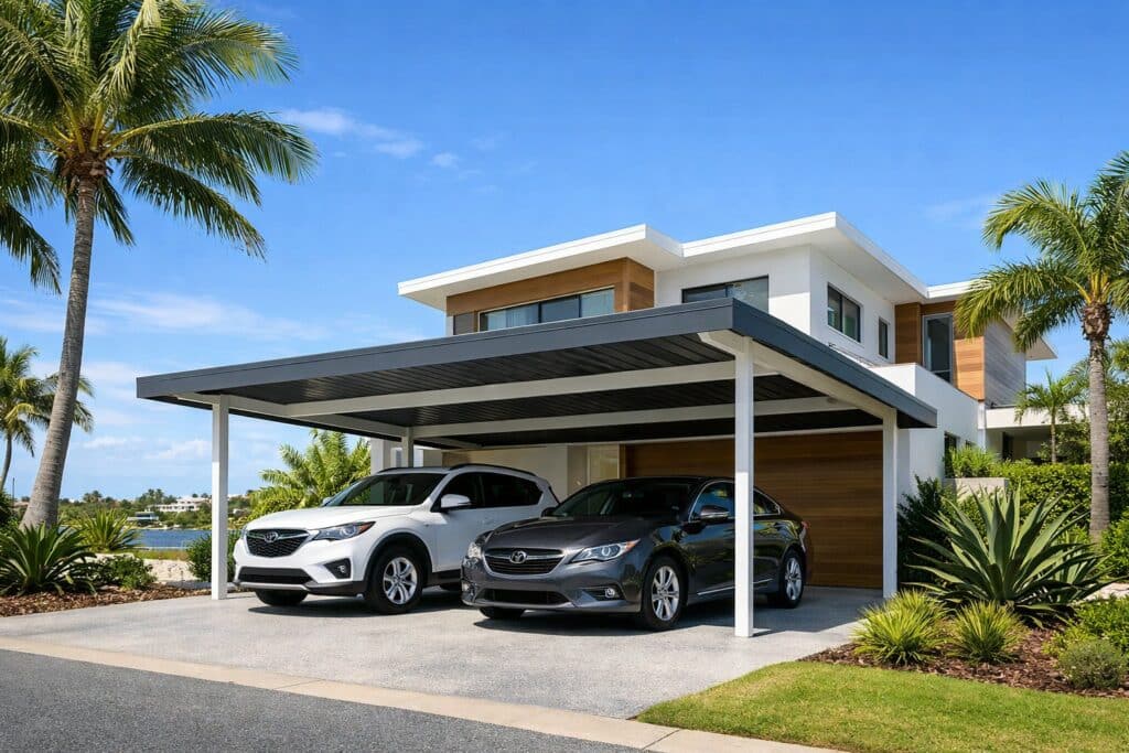 Modern coastal home in Paradise Point featuring a sleek Colorbond carport protecting two vehicles on a sunny day.
