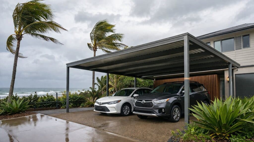 Durable carport protecting a vehicle near a coastal home during windy weather conditions.