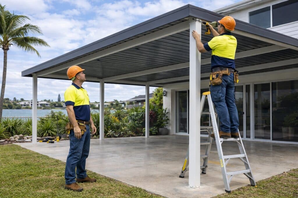 Builders installing a carport frame on-site, demonstrating the construction process with safety equipment.