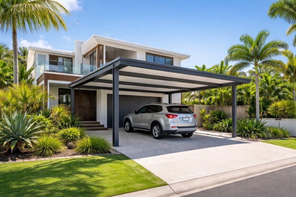 Modern coastal home in Benowa featuring a sleek steel carport protecting a parked vehicle on a sunny day.