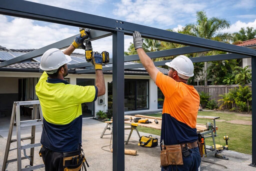Builders installing a carport structure with steel framing and tools on a residential property.