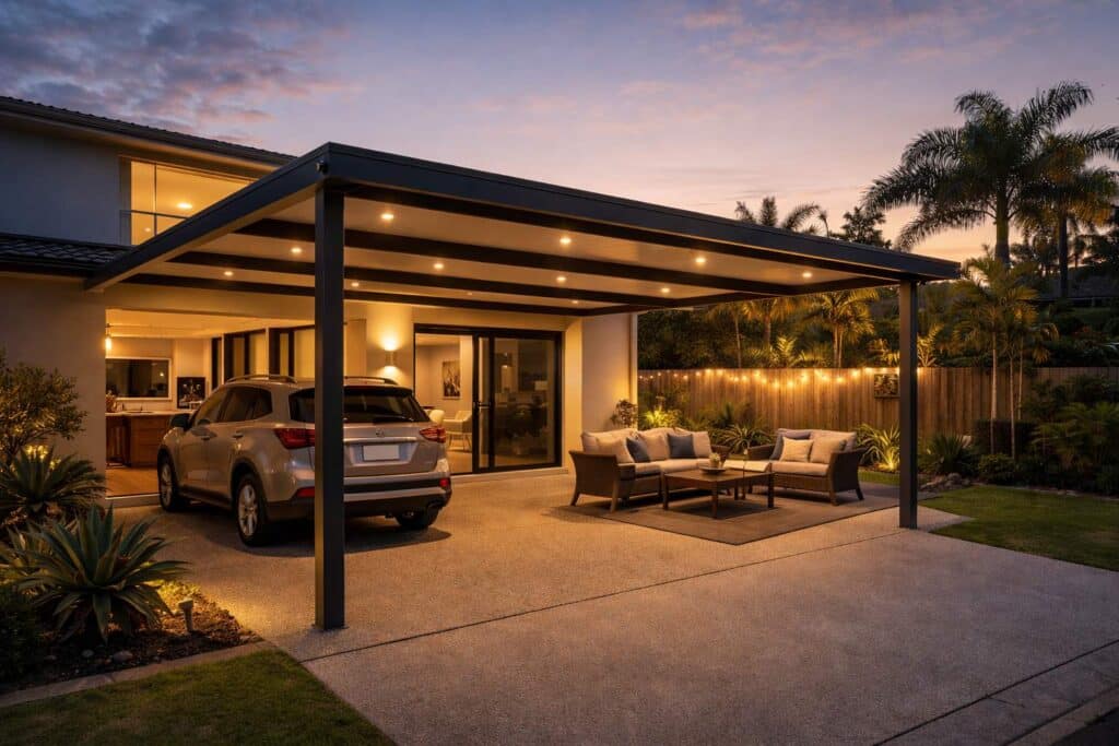 Completed carport seamlessly integrated with a patio and outdoor living space at sunset.