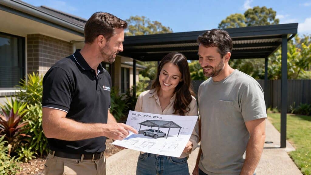 Builder consulting with homeowners while reviewing carport design plans at their property.