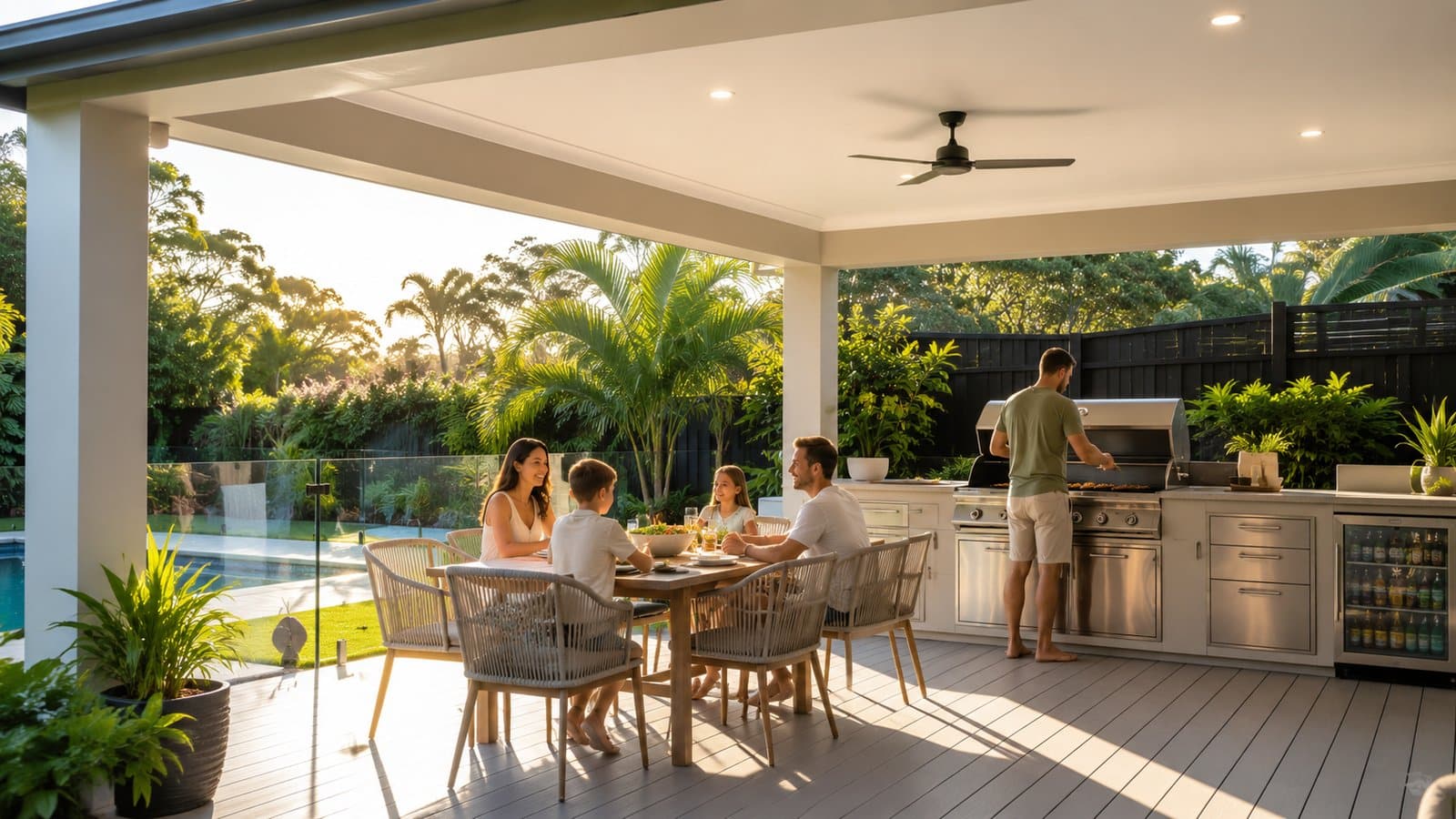 Modern outdoor patio on the Gold Coast with a family enjoying a relaxed barbecue under an insulated roof.