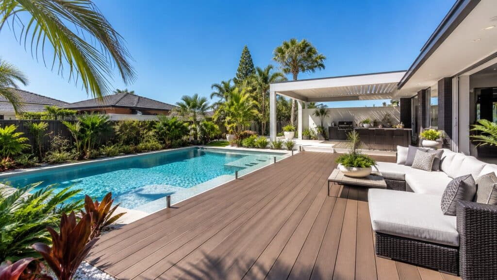 Modern composite pool deck and pergola in a luxury Nerang backyard designed for outdoor entertaining.
