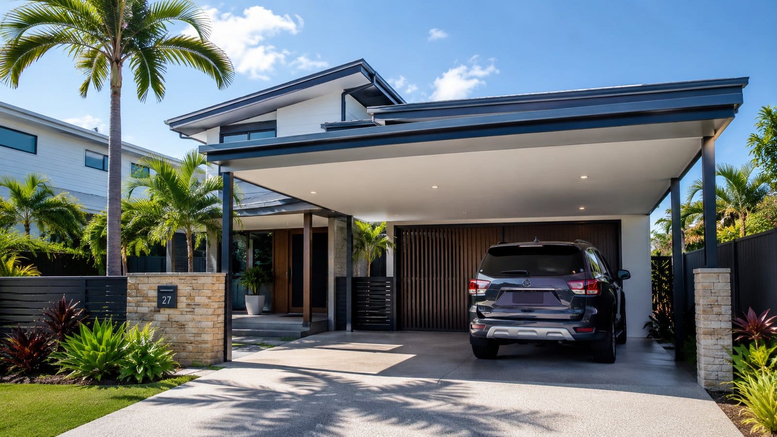 Modern coastal Queensland home with a stylish carport designed for outdoor living and vehicle protection.