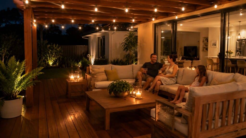 Deck Builders Oxenford 3 Warm outdoor pergola and patio area designed for evening relaxation and entertaining.
