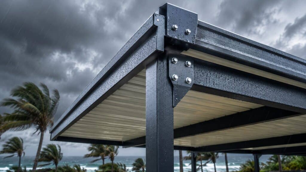 Engineered coastal carport materials designed to withstand Queensland storms and salt air.