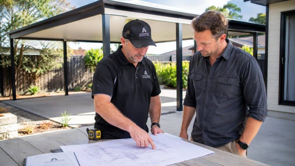 Builder explaining carport planning documents and measurements to a homeowner before council approval.
