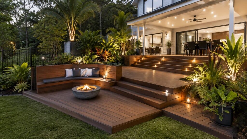 Multi-level timber deck with stairs and built-in seating on a sloped residential property.