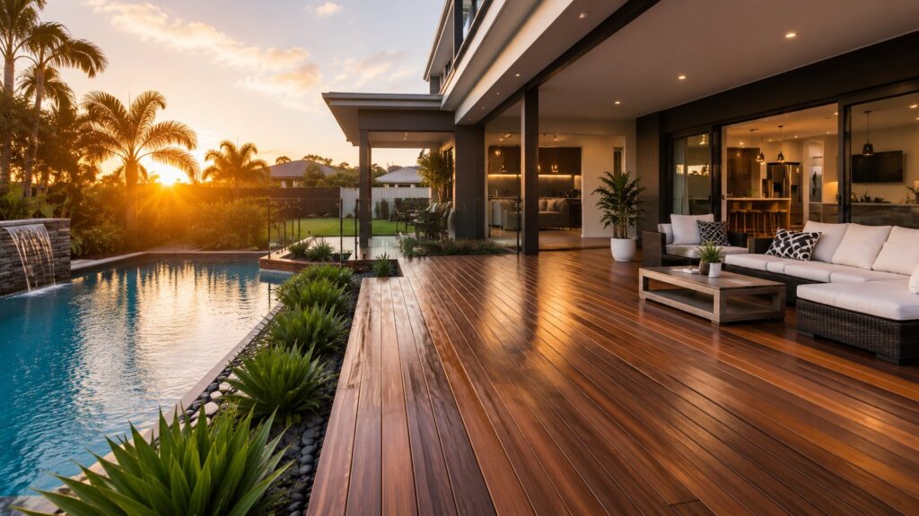 Deck Builders Benowa 2 Luxury timber poolside deck at a modern Gold Coast home during sunset.