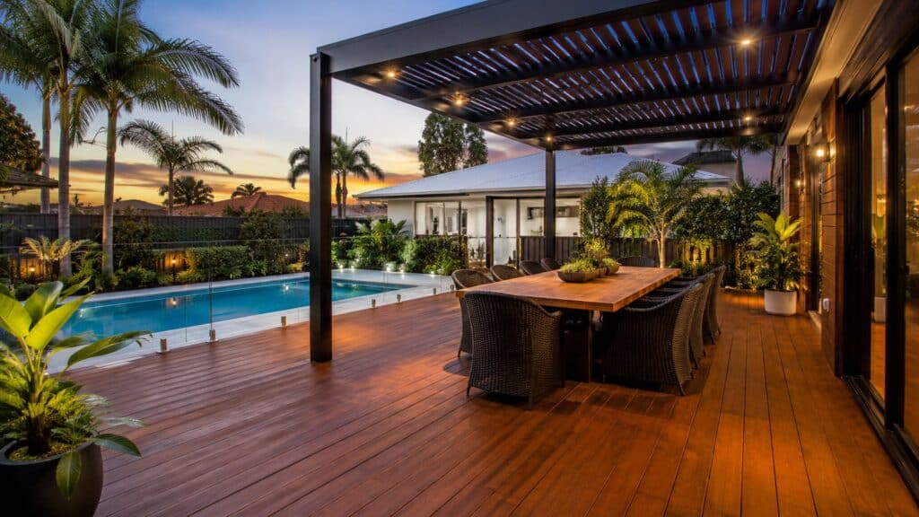 Deck Builders Ashmore 2 Modern timber deck and pergola in a Gold Coast backyard designed for outdoor entertaining.