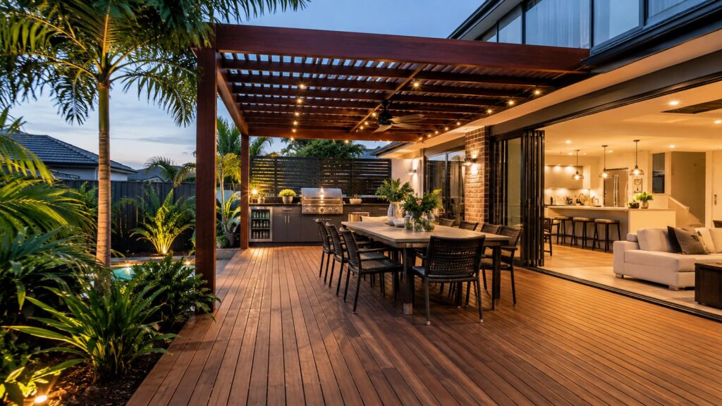 Modern timber deck and pergola entertainment area in a Pacific Pines backyard designed for outdoor living.