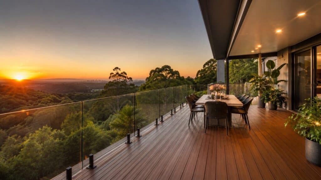 Luxury elevated timber deck in Worongary overlooking the hinterland at sunset with outdoor dining and glass balustrades.