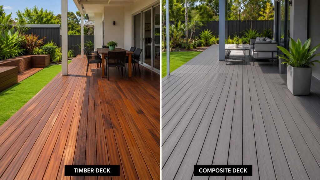 Deck Builders Ashmore 1 Comparison between natural timber decking and low-maintenance composite decking.