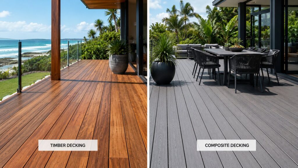 Comparison of natural timber decking and modern composite decking in an outdoor coastal setting.