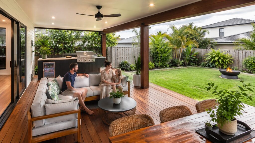 Covered outdoor patio and timber deck designed for family entertaining and relaxation.