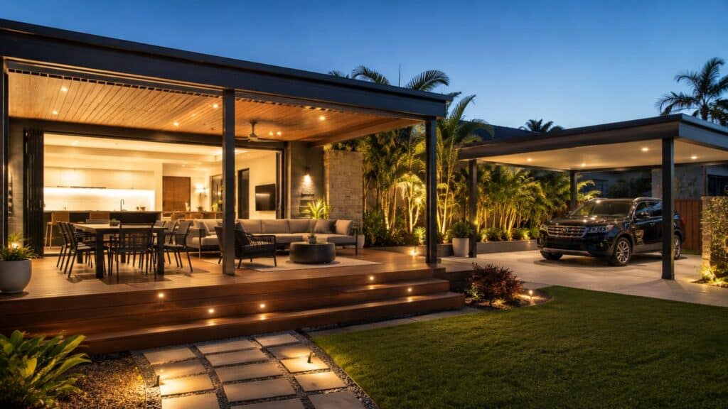 Completed luxury outdoor living space featuring a modern carport, pergola, and deck in Queensland.