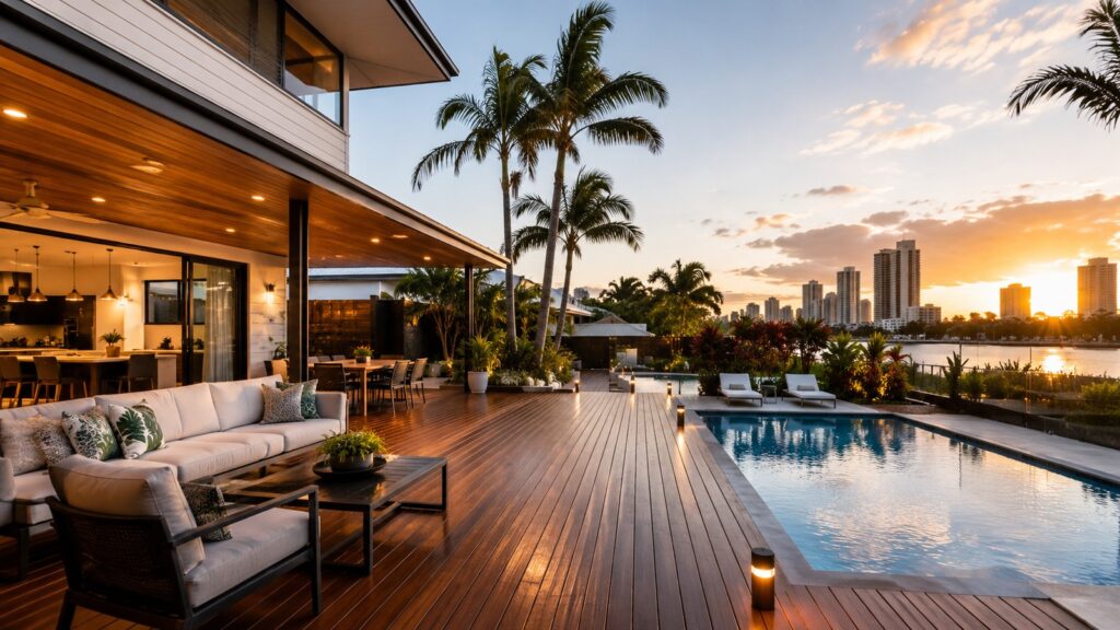 Deck Builders Broadbeach 1 Luxury timber pool deck at a modern coastal home in Broadbeach during sunset.