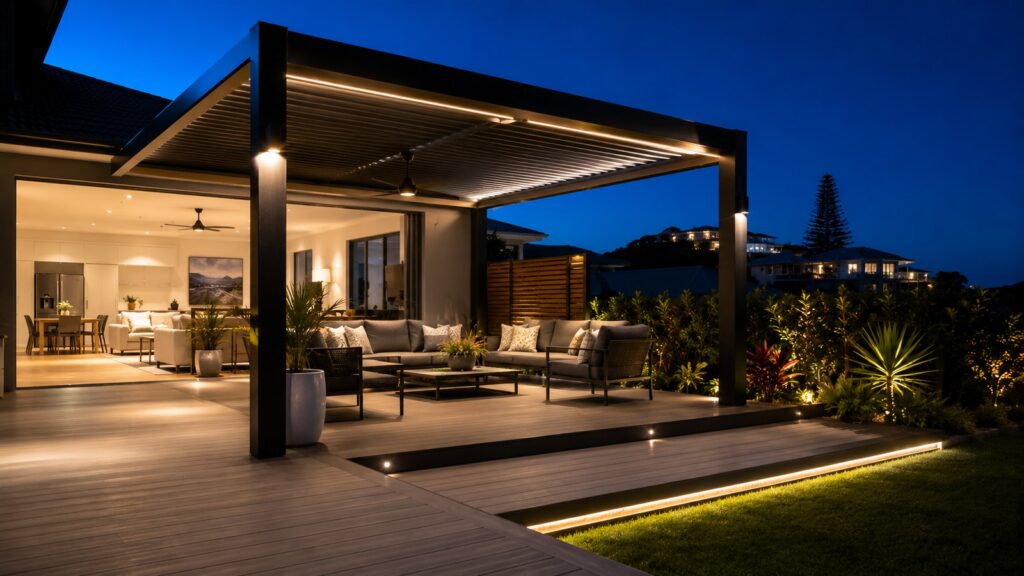 Deck Builders Broadbeach 3 Modern pergola and outdoor deck with ambient lighting at a coastal home during evening.