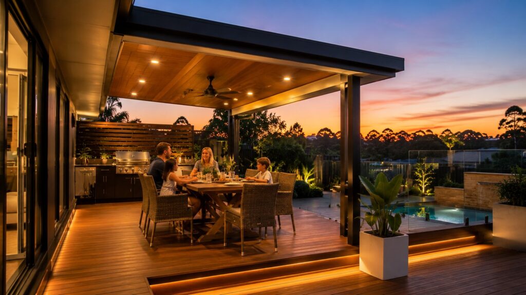 Family enjoying a modern outdoor pavilion and deck area during sunset in Pacific Pines.