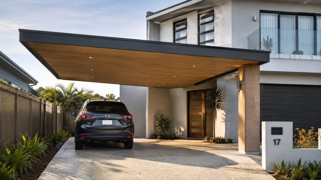 Carports for Narrow Blocks: Space-Saving Hacks That Work 1 Cantilever carport design creating more space on a narrow residential driveway.