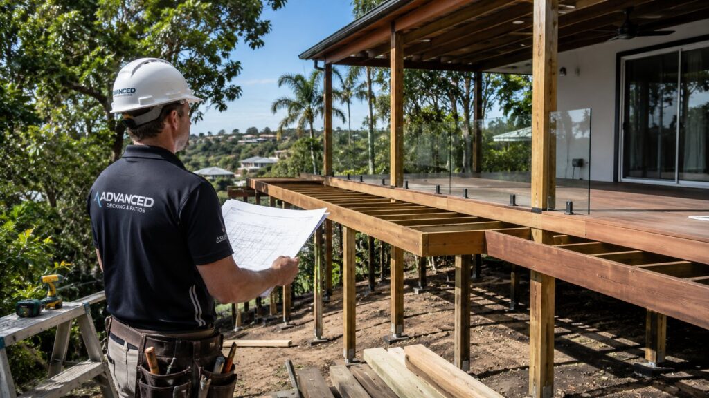 Professional deck builder inspecting an elevated outdoor decking project at a Gold Coast home.