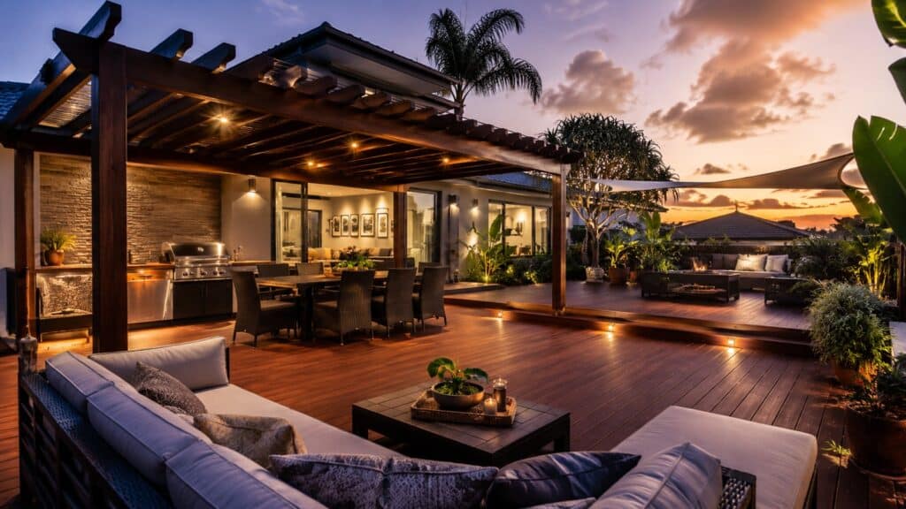 Modern timber entertainment deck with pergola and outdoor seating at a Gold Coast home.