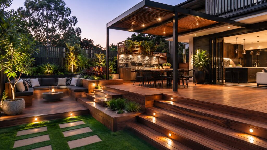 Deck Builders Benowa 1 Modern multi-level outdoor entertainment deck with pergola and dining area.