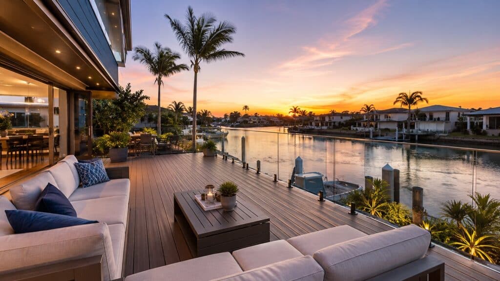 Luxury waterfront composite deck with glass balustrades and outdoor seating overlooking canals at sunset in Biggera Waters.
