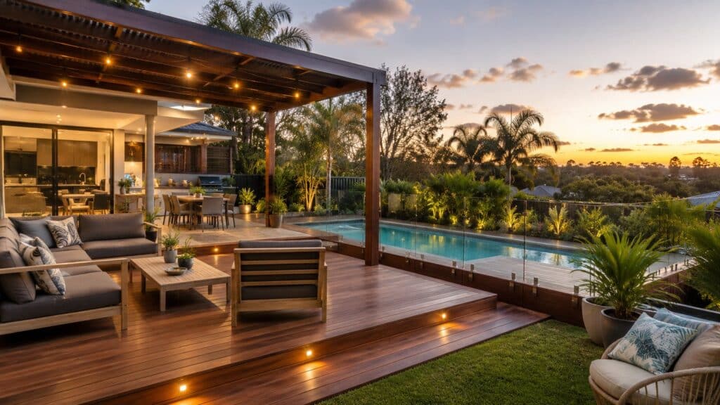 Luxury timber deck with poolside entertaining area and pergola in a Queensland backyard.