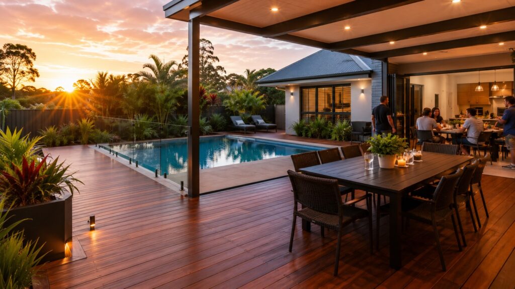 Deck Builders Oxenford 1 Luxury timber deck and outdoor entertaining area beside a pool in an Oxenford family home.