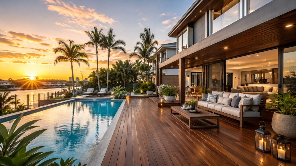 Deck Builders Bundall 1 Luxury timber pool deck beside a modern Gold Coast home at sunset.
