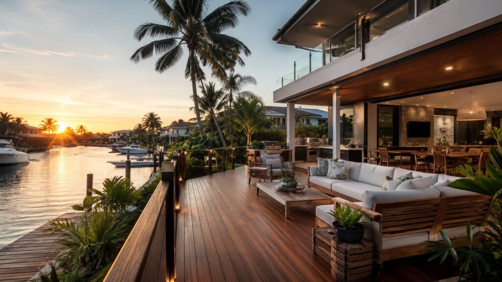 Deck Builders Main Beach 1 Luxury timber waterfront deck at a Main Beach home overlooking a canal during sunset.