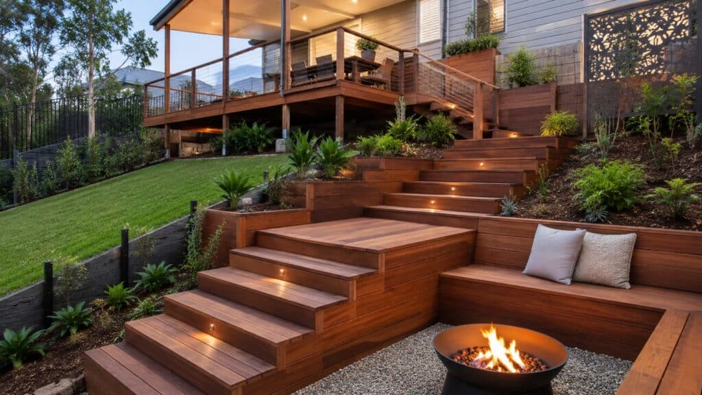 Split-level timber deck with stairs designed for a sloped backyard property.