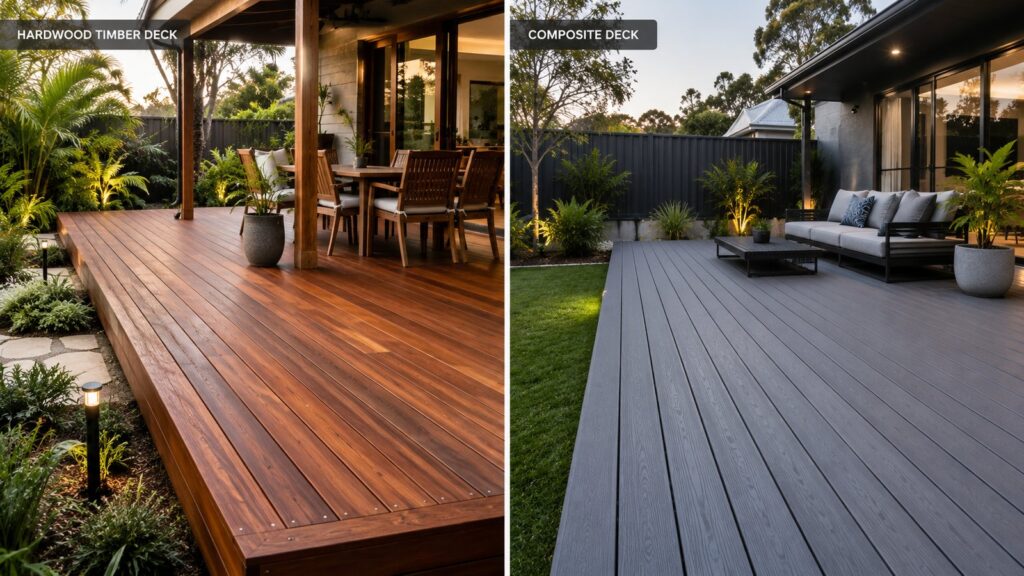 Comparison between hardwood timber decking and modern composite decking outdoors.