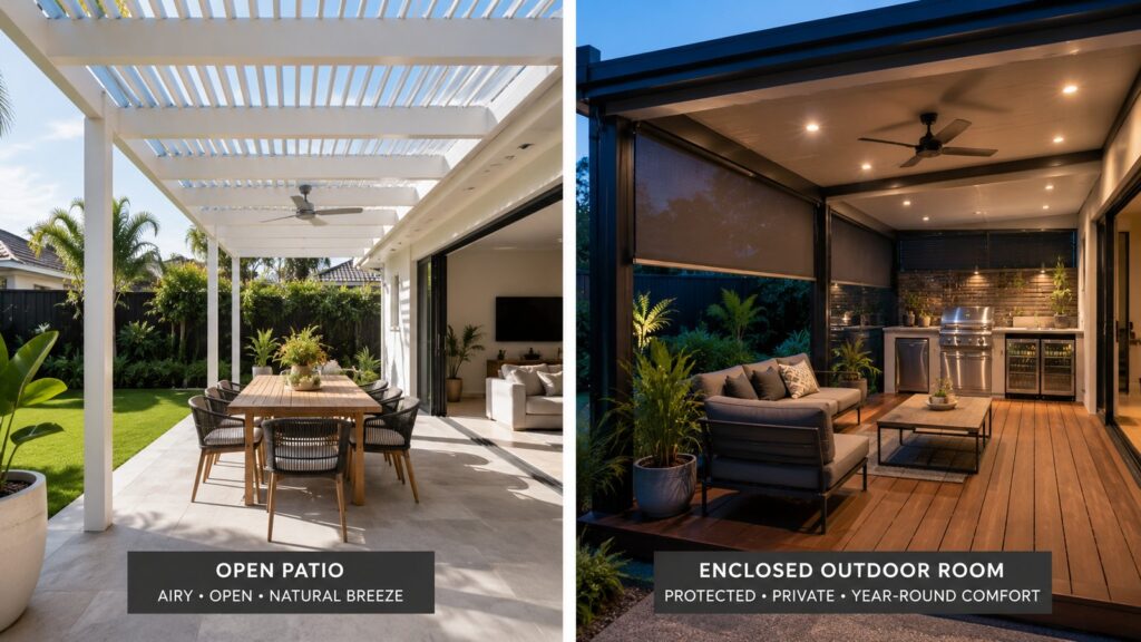 Comparison between an open patio and a more enclosed outdoor room attached to Australian homes.