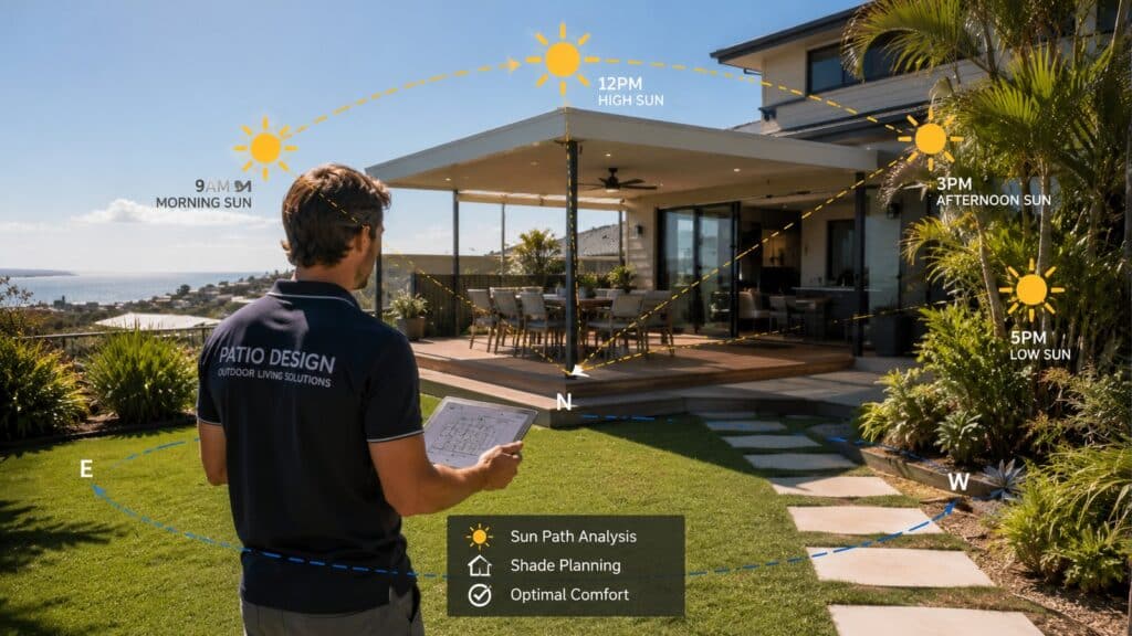 Why We Prioritise Sun Angle Over Style When Designing Patios 1 Patio designer analysing sun direction and outdoor layout before building a Gold Coast patio.
