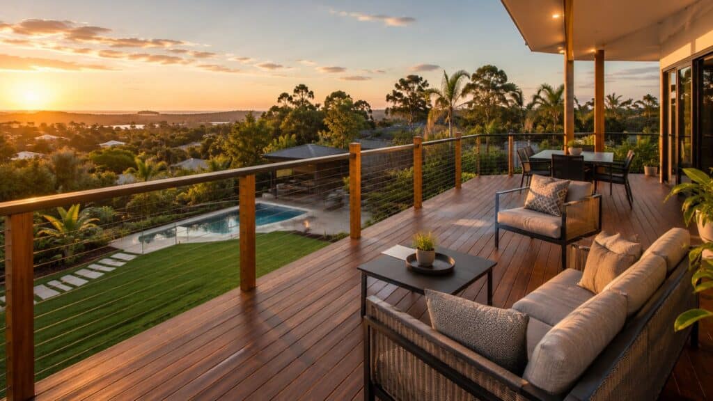 Deck Builders Ashmore 3 Elevated outdoor deck with modern seating and coastal-inspired backyard design.