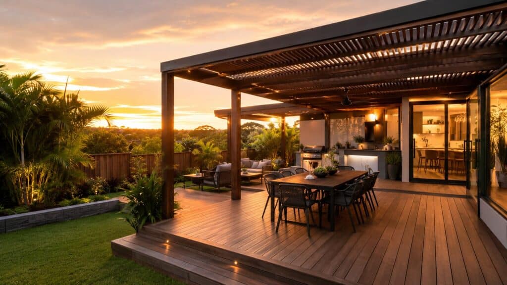 Luxury timber outdoor deck with pergola and dining area at sunset in a Queensland backyard.