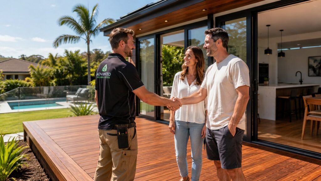 Deck builder and homeowners inspecting a newly completed outdoor deck at a modern home.