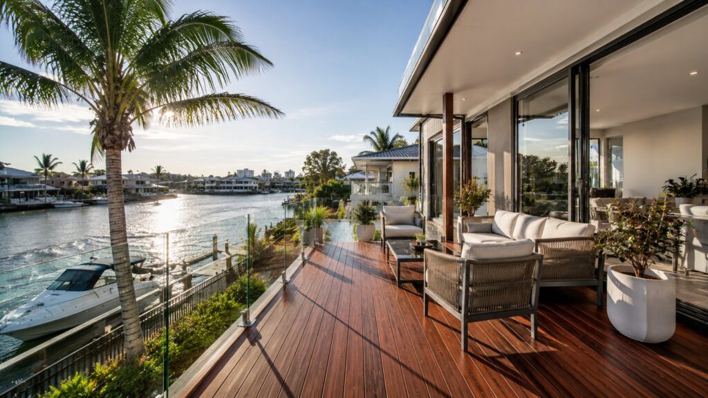 Deck Builders Arundel 3 Elevated coastal deck with glass balustrades designed for Queensland outdoor living.