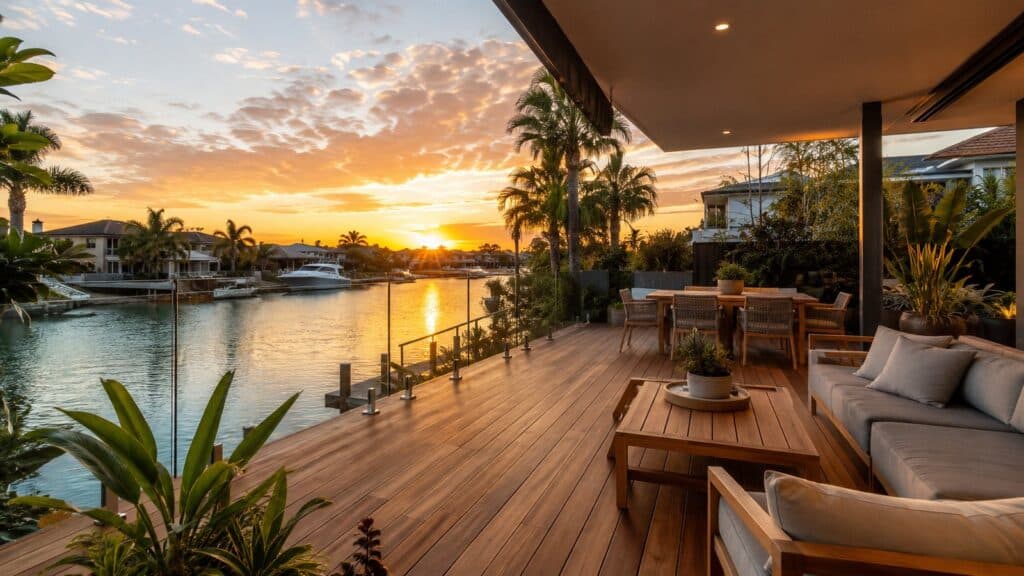 Deck Builders Coombabah 1 Luxury timber waterfront deck in Coombabah with sunset views and outdoor seating.