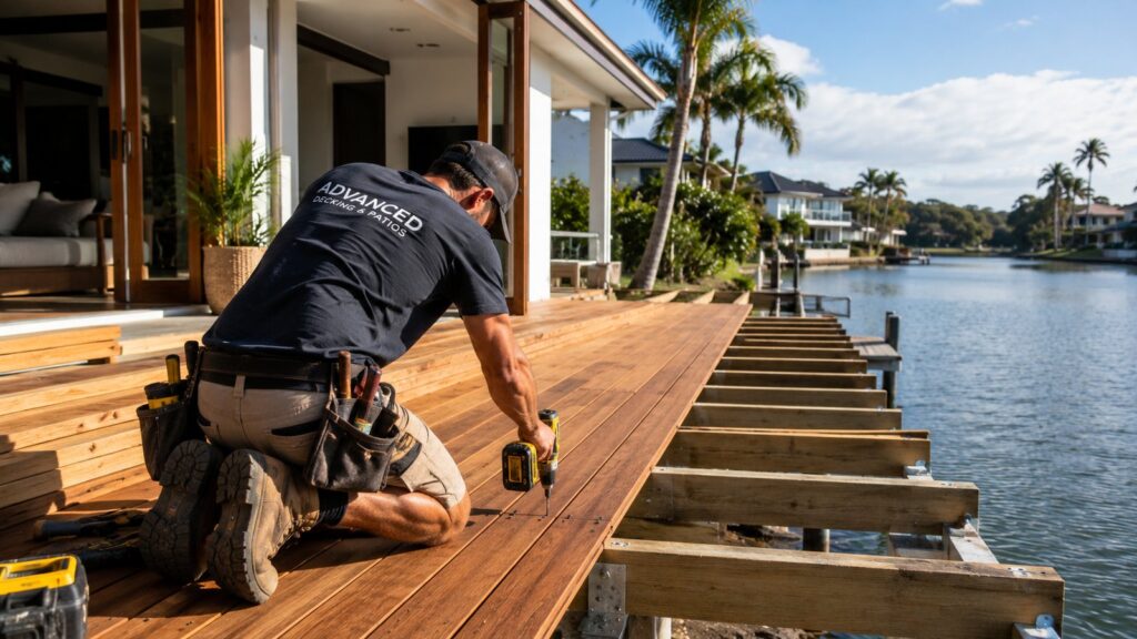 Deck Builders Coombabah 2 Professional builder installing timber decking on a coastal Gold Coast property.