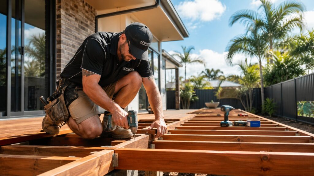 Deck Builders Merrimac 2 Professional deck builder constructing a timber deck at a residential property.