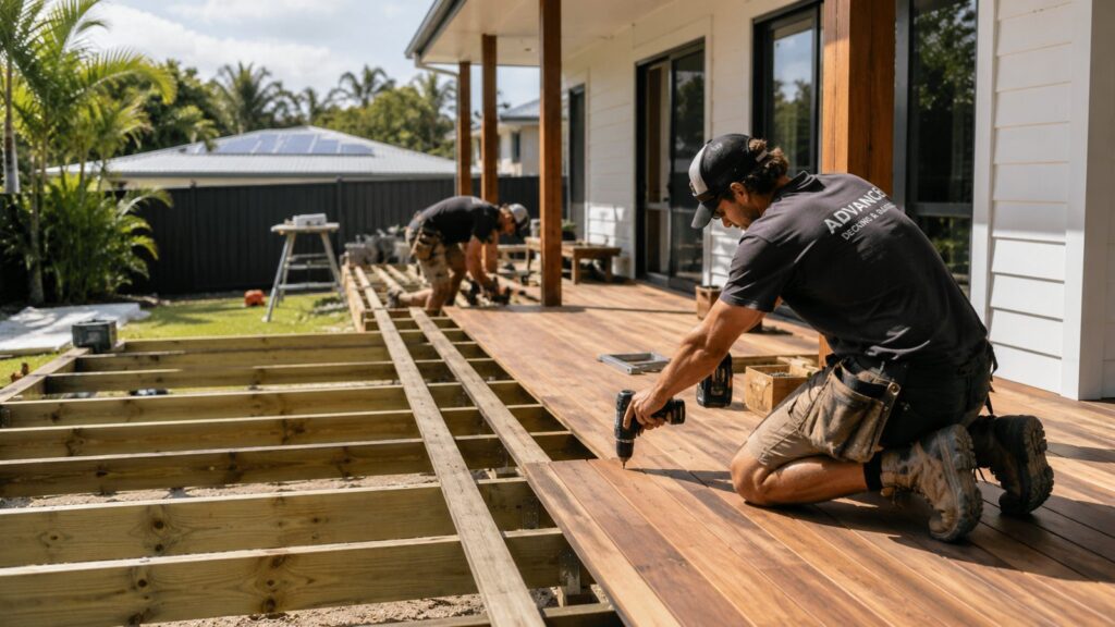 Deck Builders Molendinar 2 Professional deck builders installing a custom outdoor timber deck at a residential property.